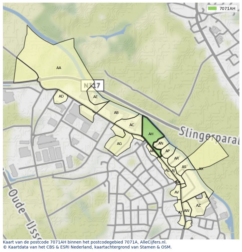 Afbeelding van het postcodegebied 7071 AH op de kaart.