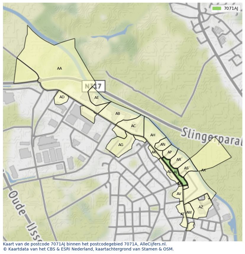 Afbeelding van het postcodegebied 7071 AJ op de kaart.