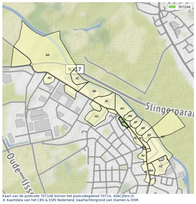 Afbeelding van het postcodegebied 7071 AK op de kaart.