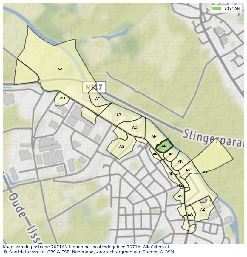 Afbeelding van het postcodegebied 7071 AN op de kaart.