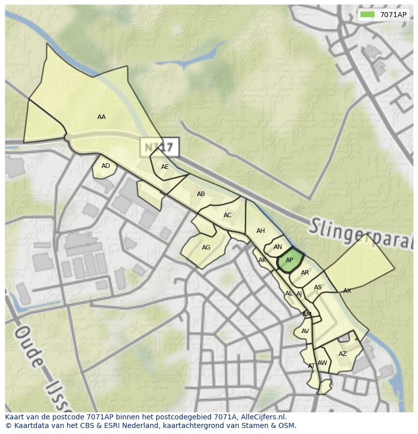 Afbeelding van het postcodegebied 7071 AP op de kaart.