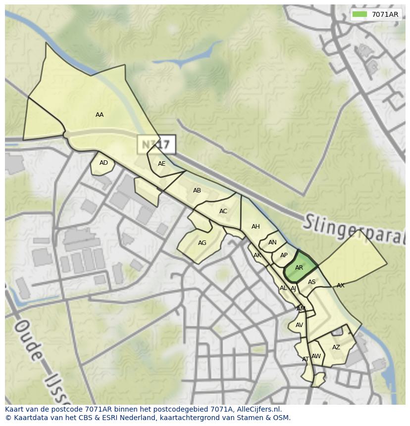 Afbeelding van het postcodegebied 7071 AR op de kaart.