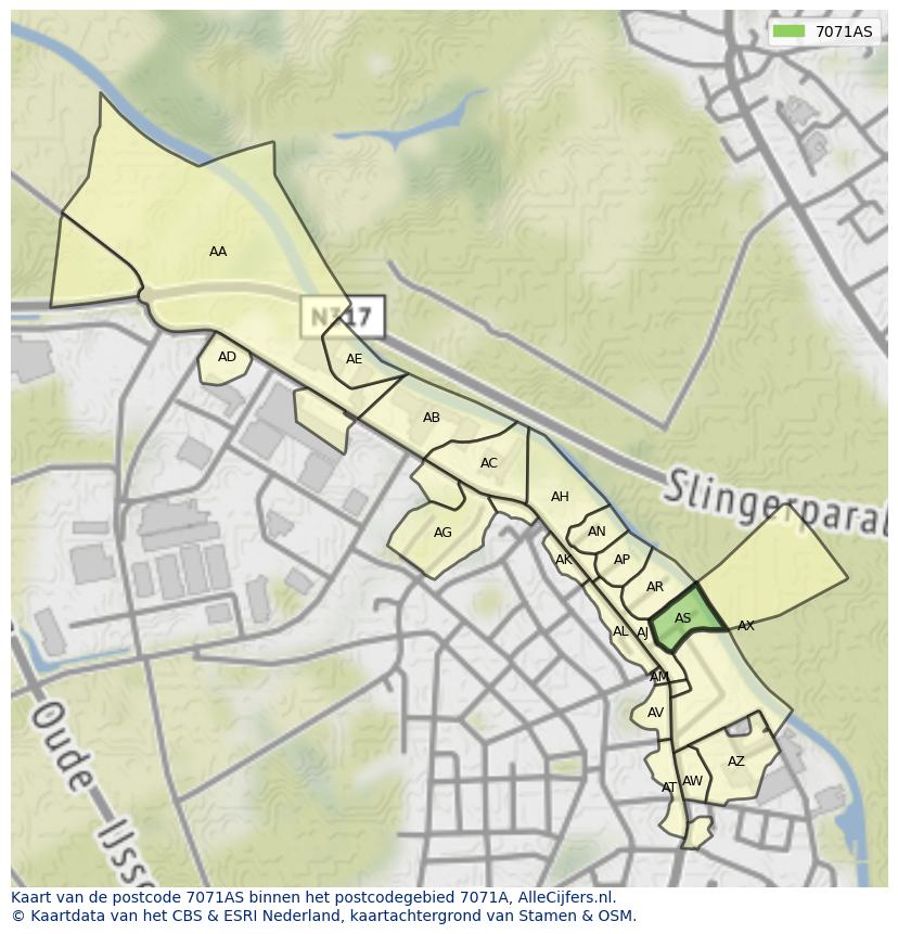 Afbeelding van het postcodegebied 7071 AS op de kaart.