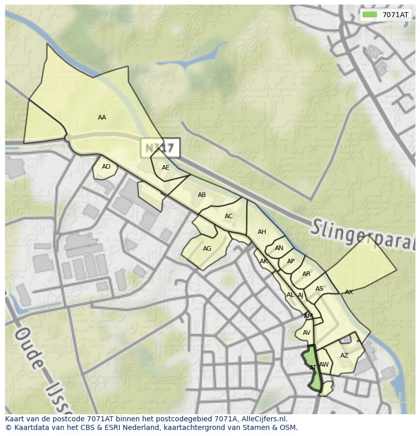 Afbeelding van het postcodegebied 7071 AT op de kaart.