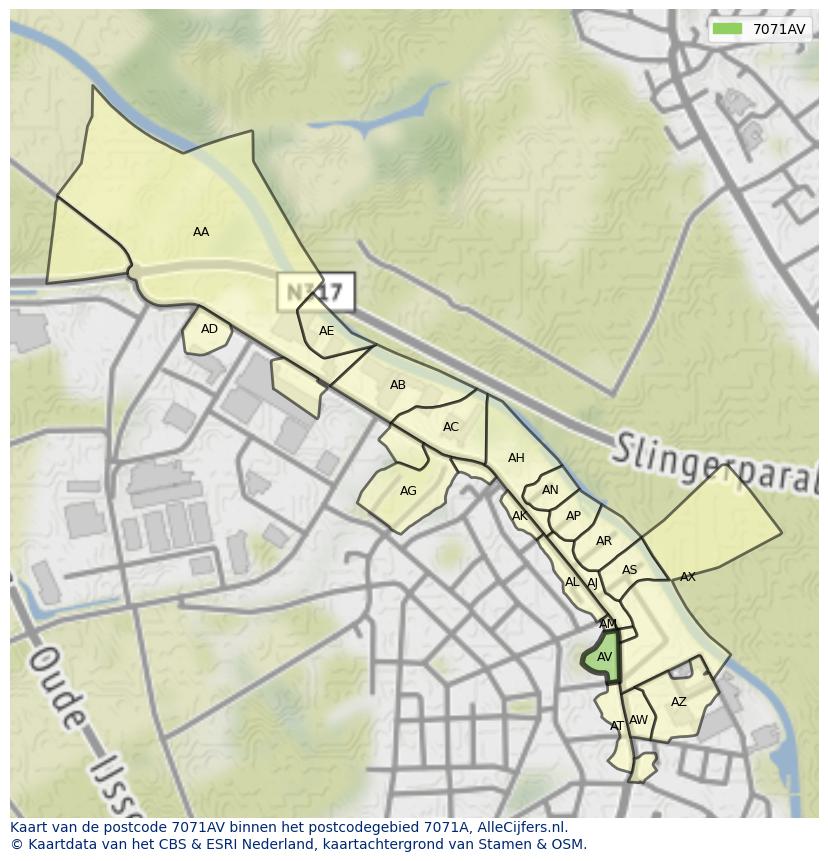 Afbeelding van het postcodegebied 7071 AV op de kaart.