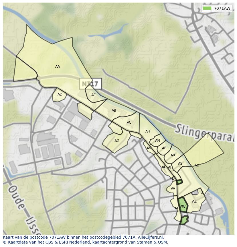 Afbeelding van het postcodegebied 7071 AW op de kaart.