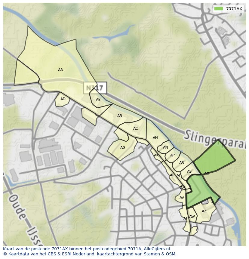 Afbeelding van het postcodegebied 7071 AX op de kaart.