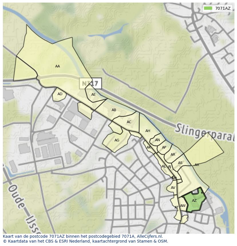Afbeelding van het postcodegebied 7071 AZ op de kaart.