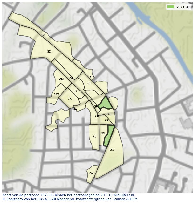 Afbeelding van het postcodegebied 7071 GG op de kaart.