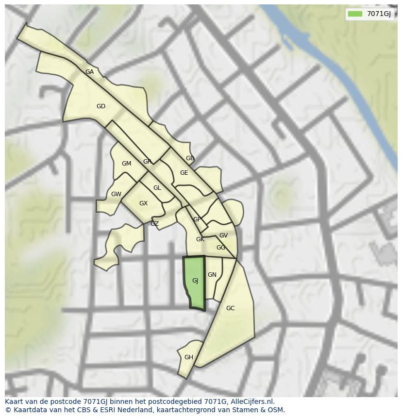 Afbeelding van het postcodegebied 7071 GJ op de kaart.