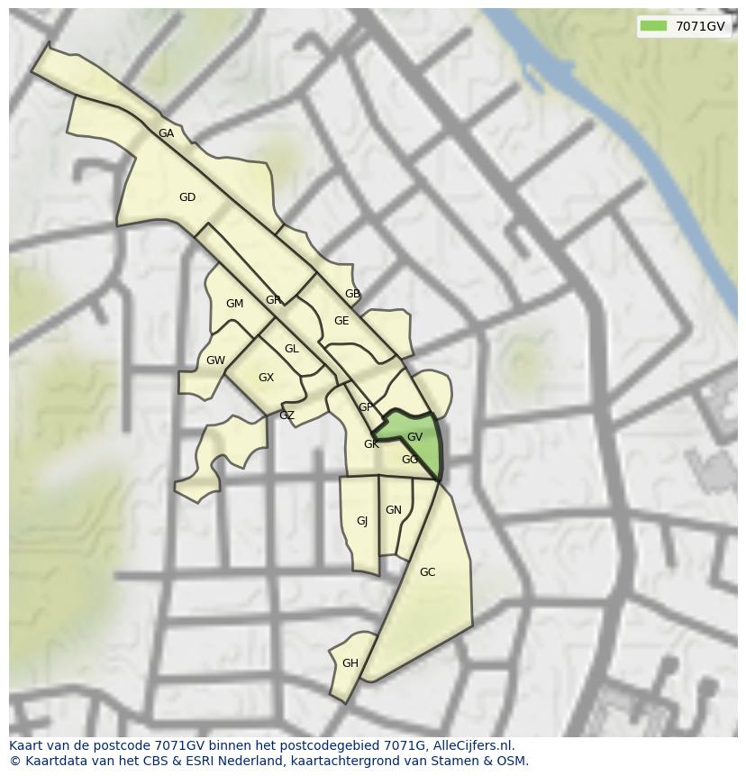 Afbeelding van het postcodegebied 7071 GV op de kaart.