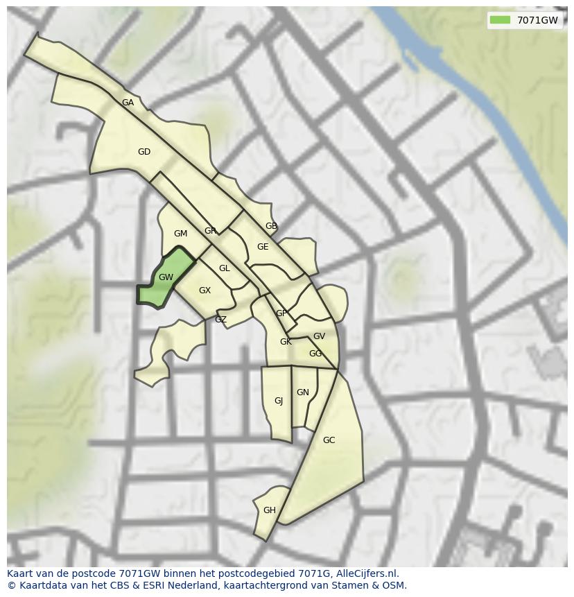 Afbeelding van het postcodegebied 7071 GW op de kaart.