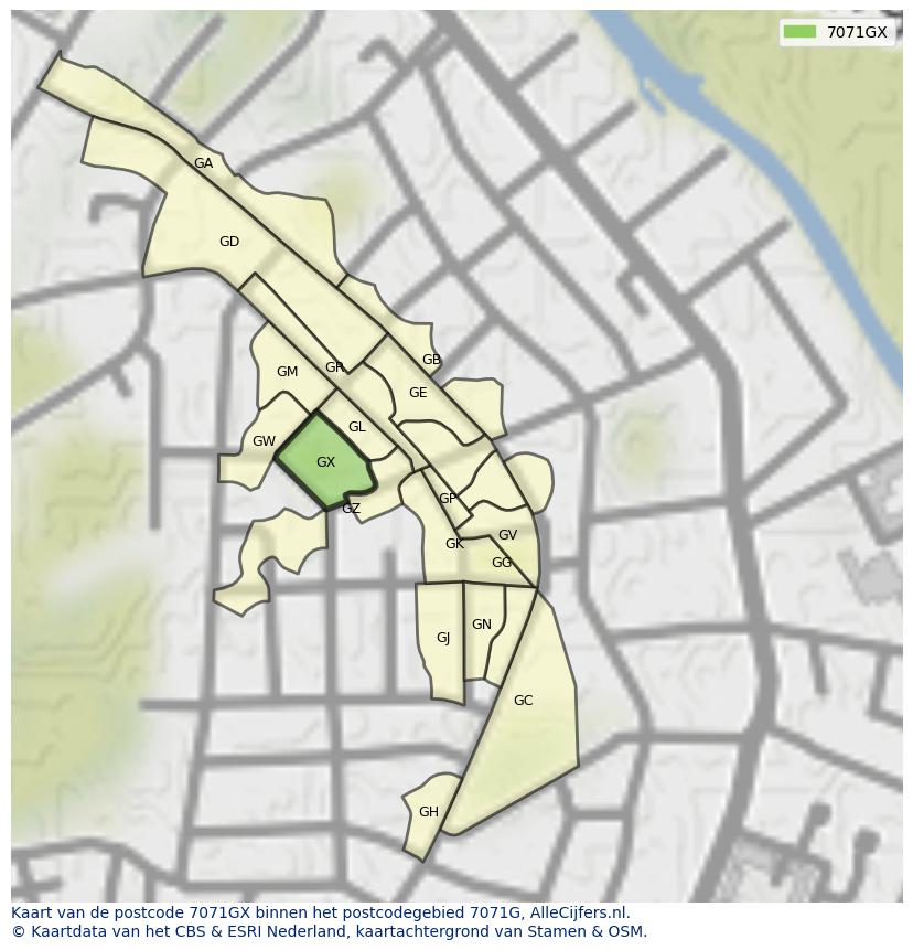 Afbeelding van het postcodegebied 7071 GX op de kaart.