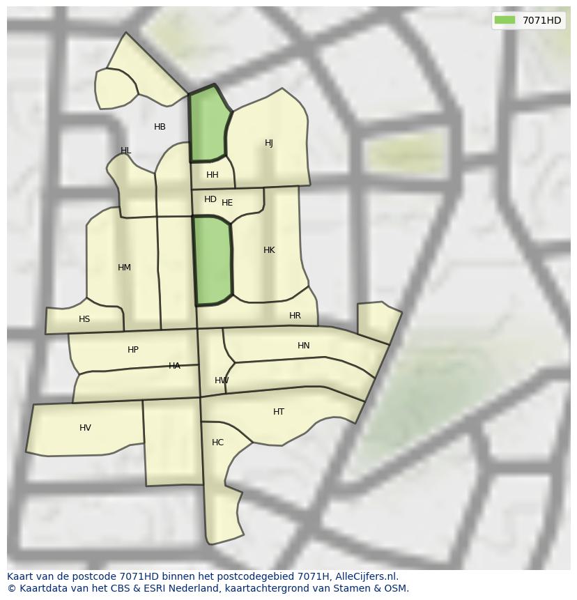 Afbeelding van het postcodegebied 7071 HD op de kaart.