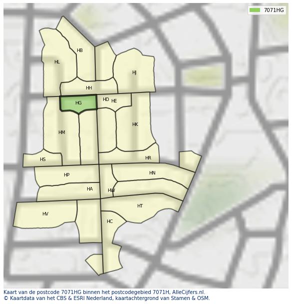 Afbeelding van het postcodegebied 7071 HG op de kaart.