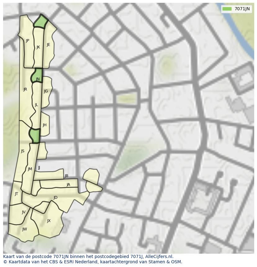 Afbeelding van het postcodegebied 7071 JN op de kaart.