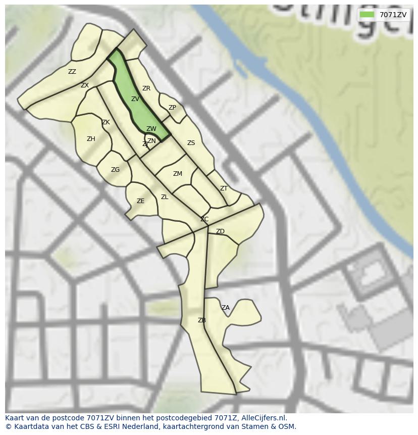 Afbeelding van het postcodegebied 7071 ZV op de kaart.