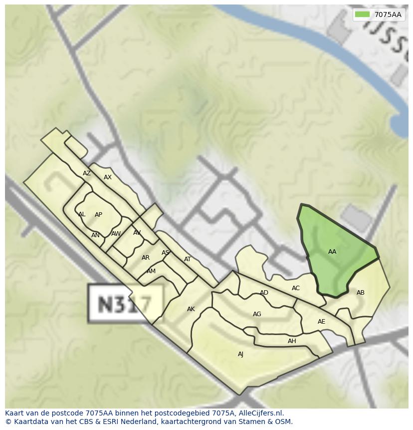 Afbeelding van het postcodegebied 7075 AA op de kaart.