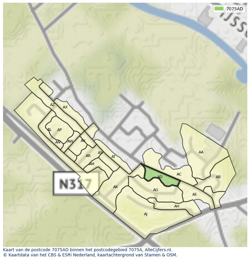 Afbeelding van het postcodegebied 7075 AD op de kaart.