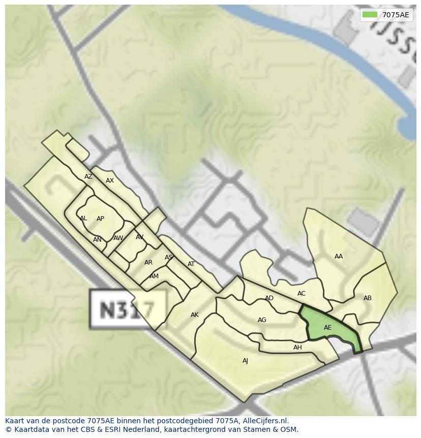 Afbeelding van het postcodegebied 7075 AE op de kaart.
