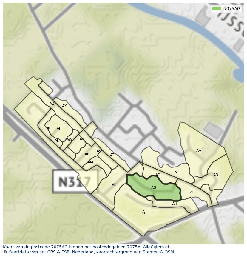 Afbeelding van het postcodegebied 7075 AG op de kaart.