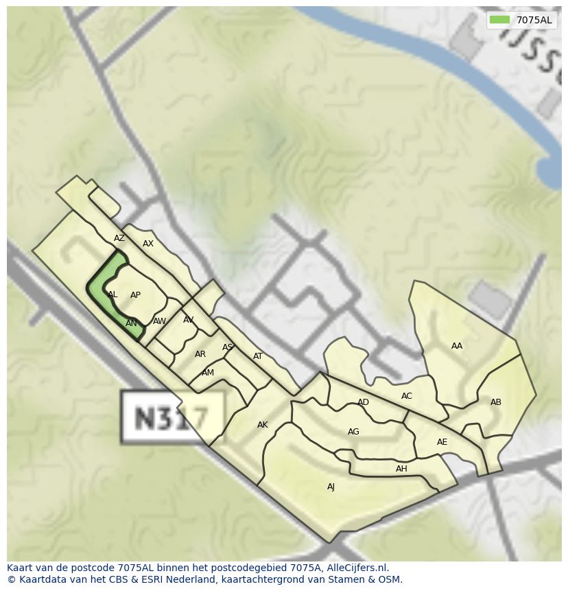 Afbeelding van het postcodegebied 7075 AL op de kaart.