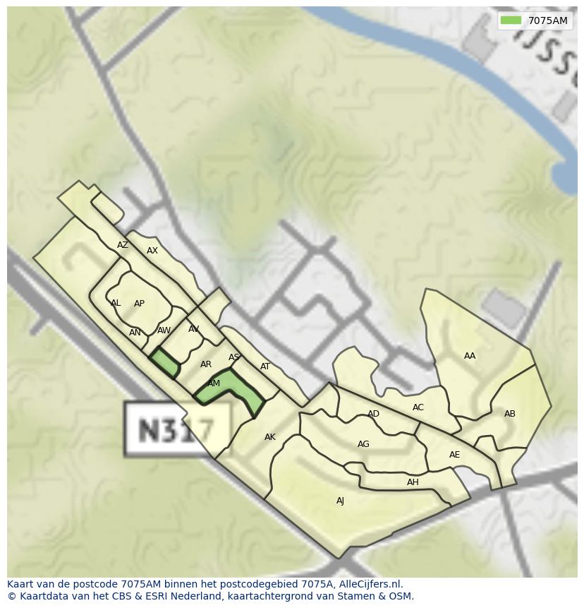Afbeelding van het postcodegebied 7075 AM op de kaart.