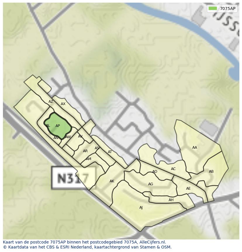 Afbeelding van het postcodegebied 7075 AP op de kaart.