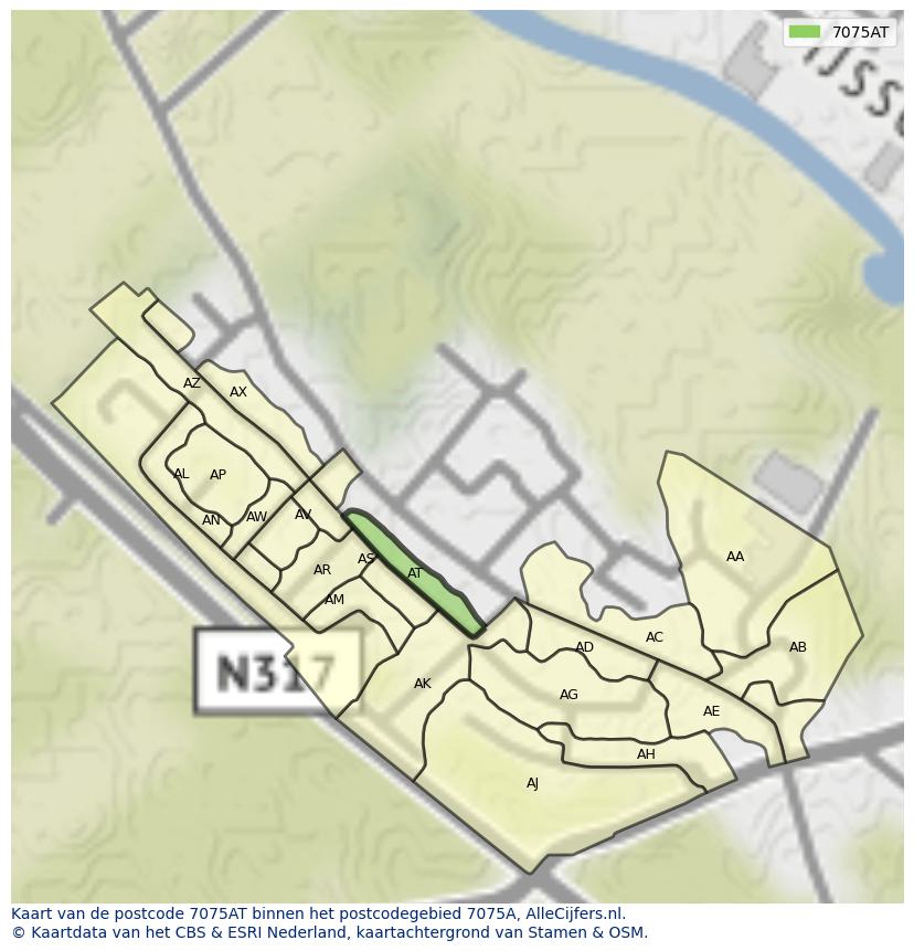 Afbeelding van het postcodegebied 7075 AT op de kaart.