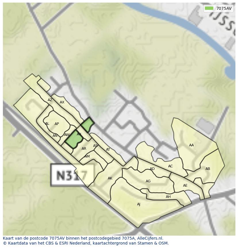 Afbeelding van het postcodegebied 7075 AV op de kaart.