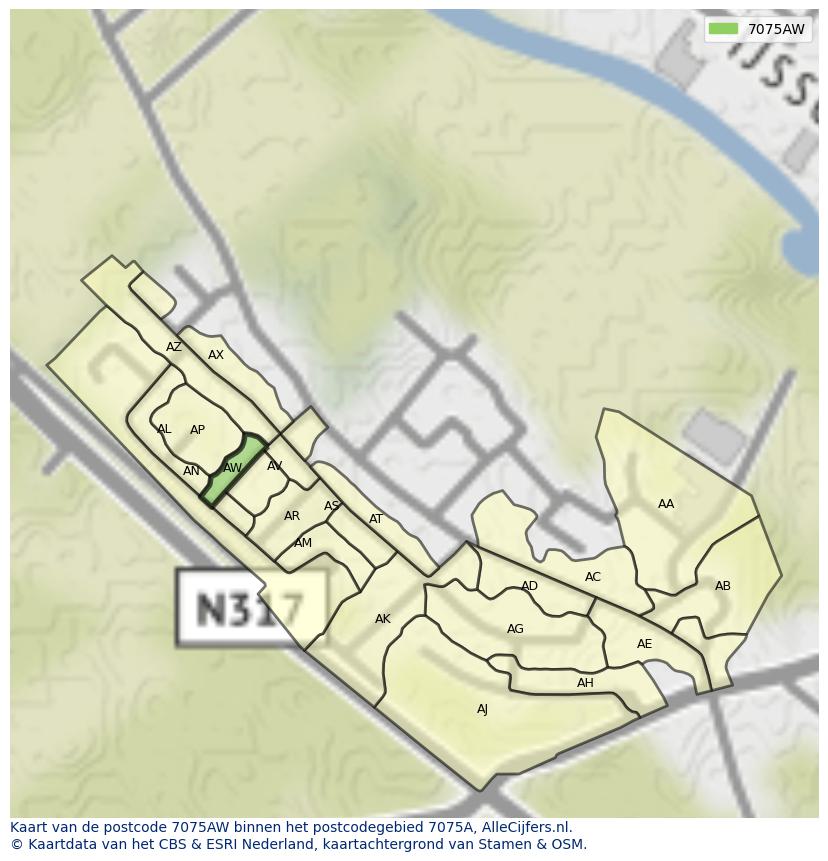 Afbeelding van het postcodegebied 7075 AW op de kaart.