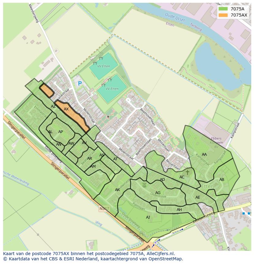 Afbeelding van het postcodegebied 7075 AX op de kaart.