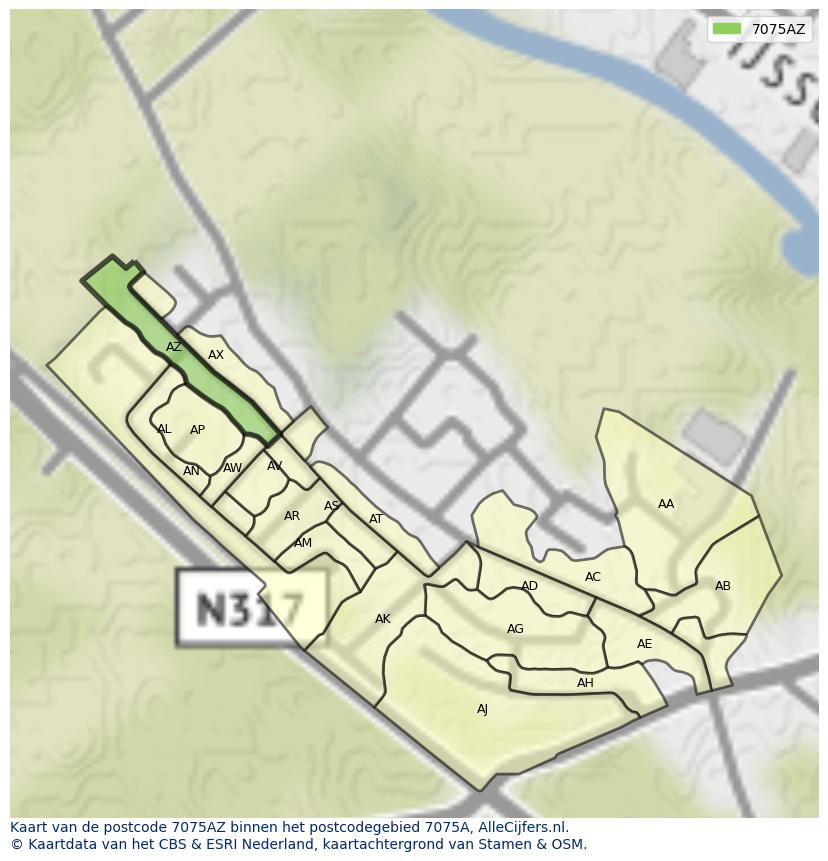 Afbeelding van het postcodegebied 7075 AZ op de kaart.