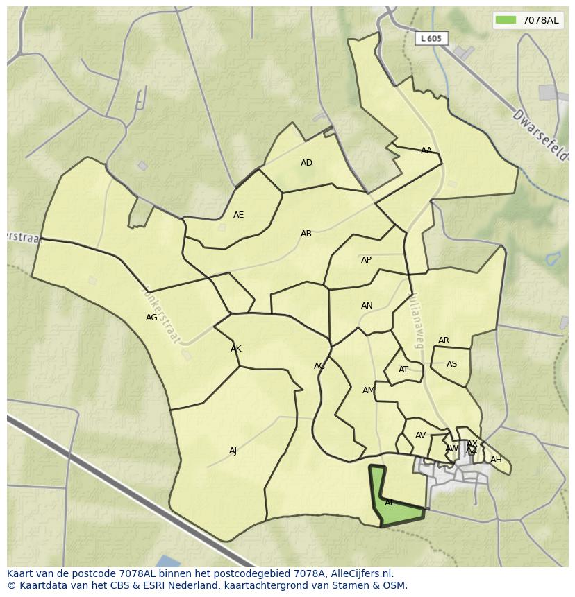 Afbeelding van het postcodegebied 7078 AL op de kaart.