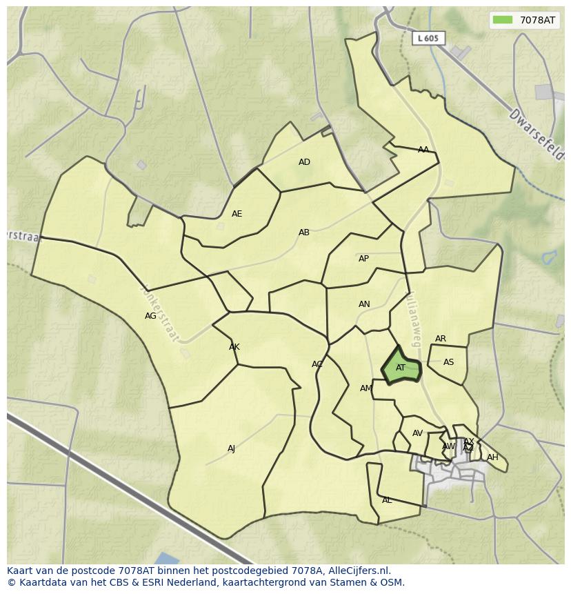 Afbeelding van het postcodegebied 7078 AT op de kaart.