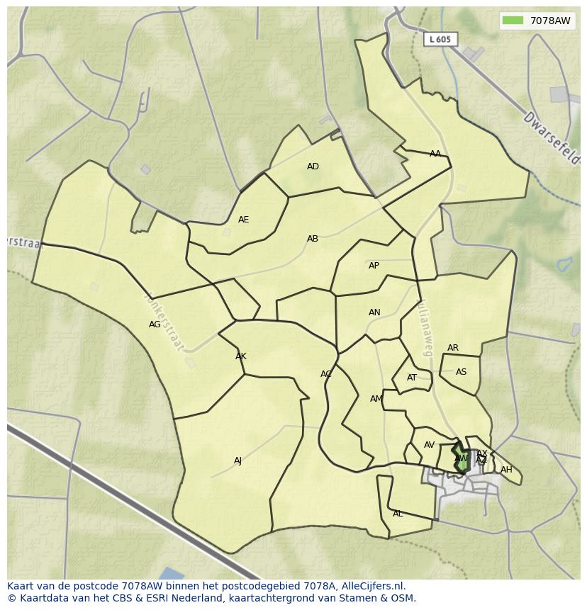 Afbeelding van het postcodegebied 7078 AW op de kaart.