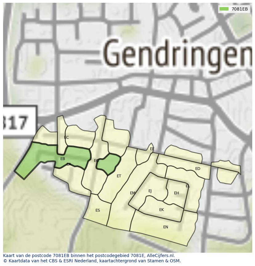Afbeelding van het postcodegebied 7081 EB op de kaart.