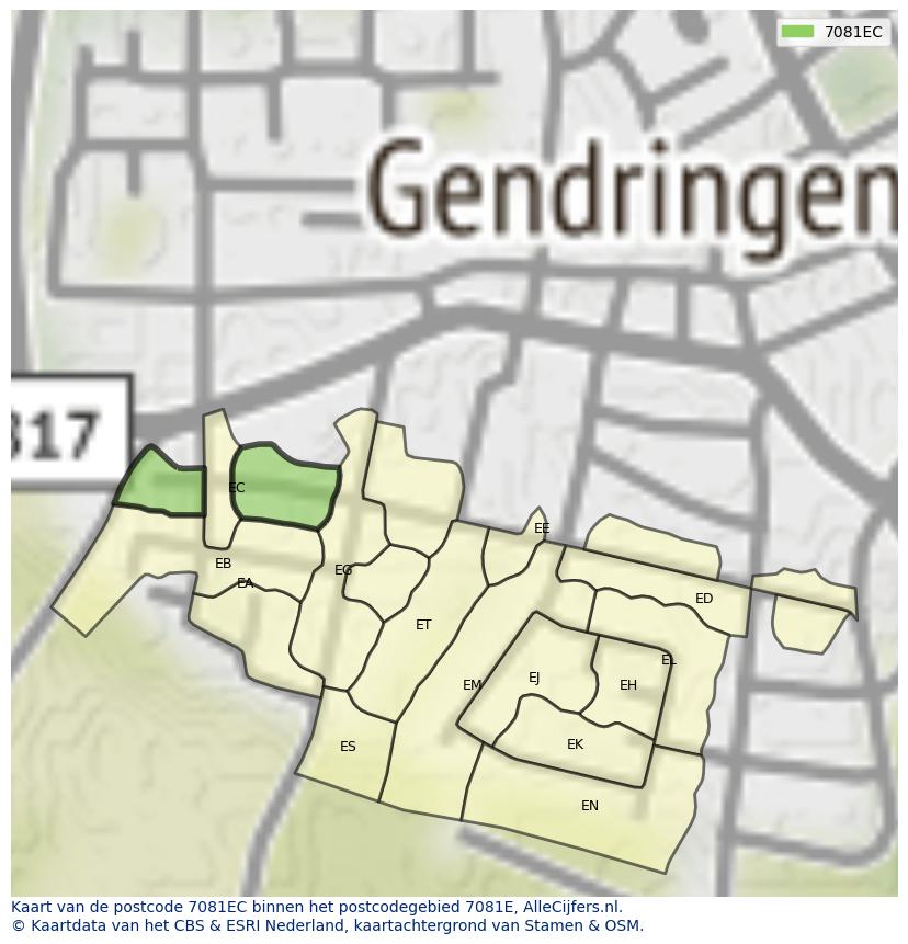 Afbeelding van het postcodegebied 7081 EC op de kaart.