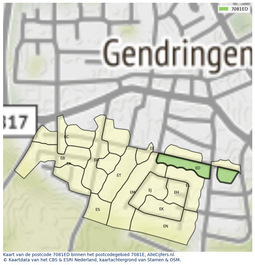 Afbeelding van het postcodegebied 7081 ED op de kaart.