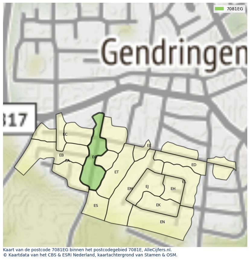 Afbeelding van het postcodegebied 7081 EG op de kaart.