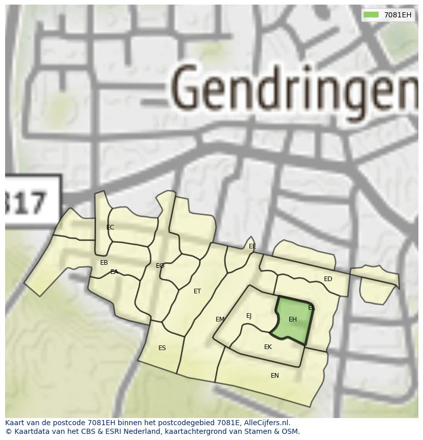 Afbeelding van het postcodegebied 7081 EH op de kaart.