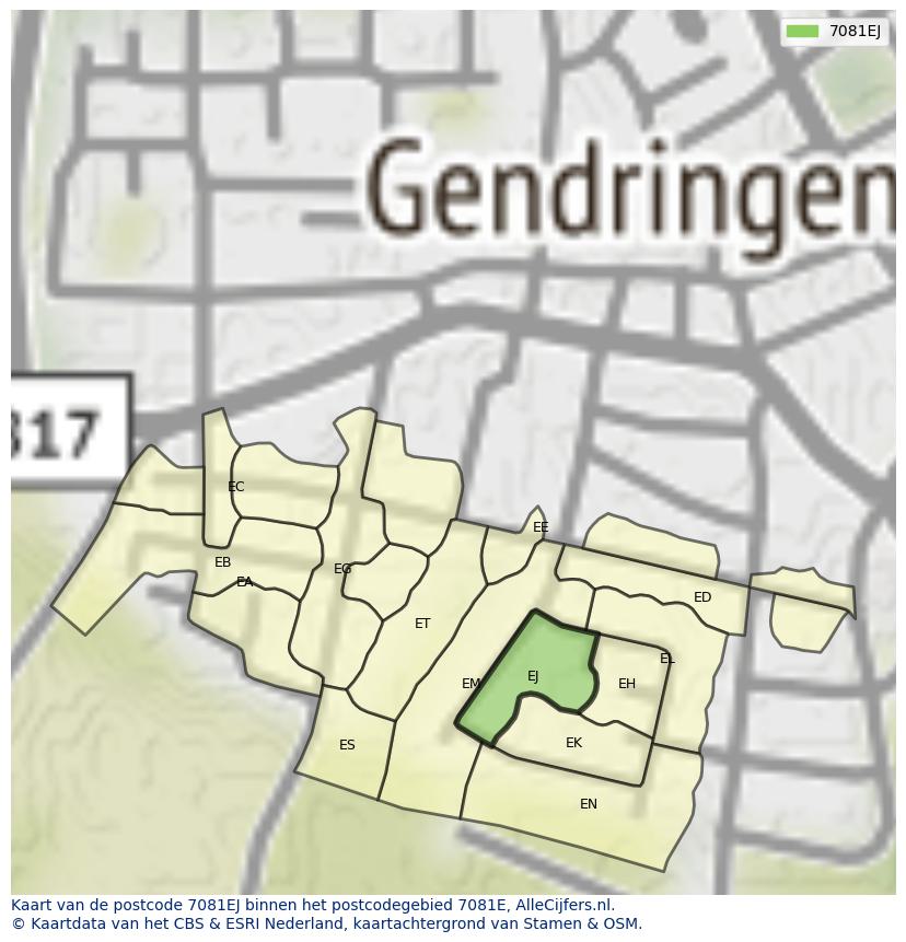 Afbeelding van het postcodegebied 7081 EJ op de kaart.