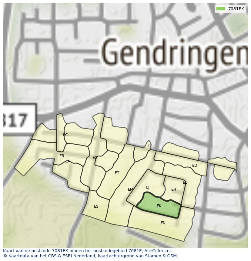 Afbeelding van het postcodegebied 7081 EK op de kaart.