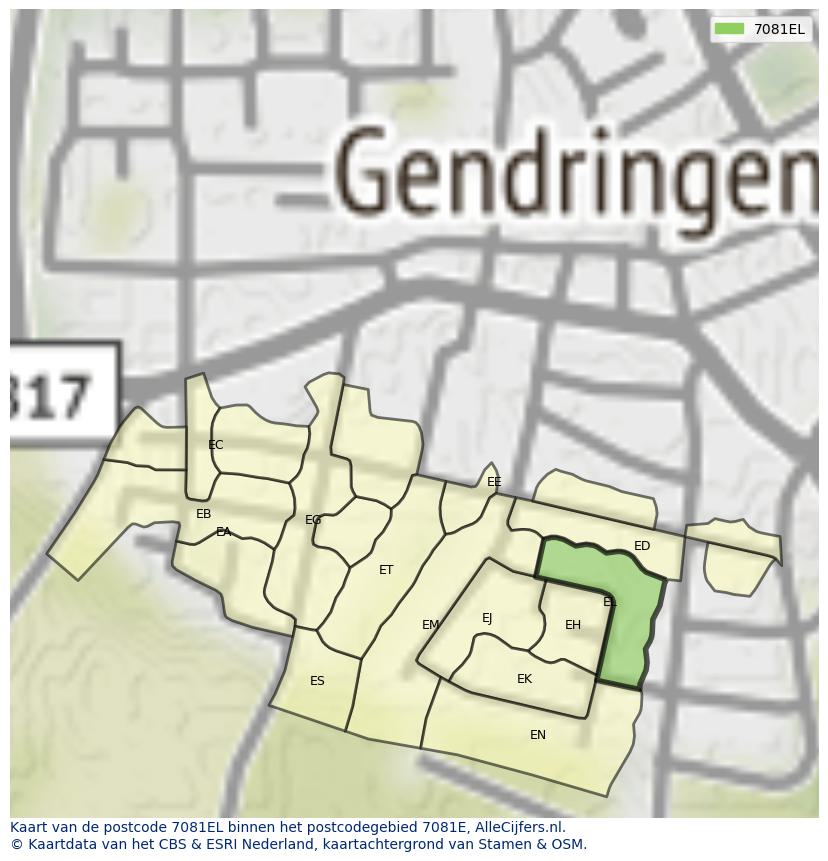 Afbeelding van het postcodegebied 7081 EL op de kaart.