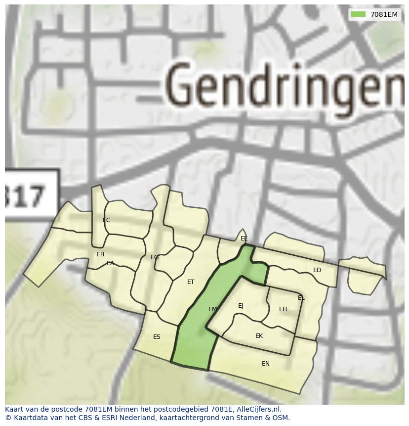 Afbeelding van het postcodegebied 7081 EM op de kaart.