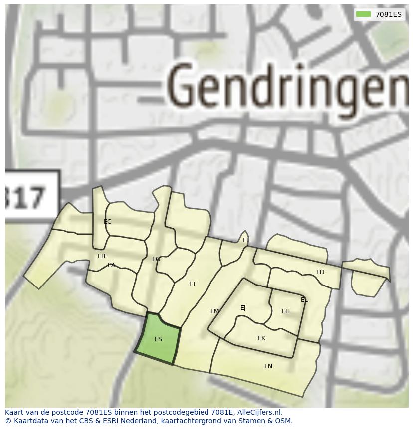 Afbeelding van het postcodegebied 7081 ES op de kaart.