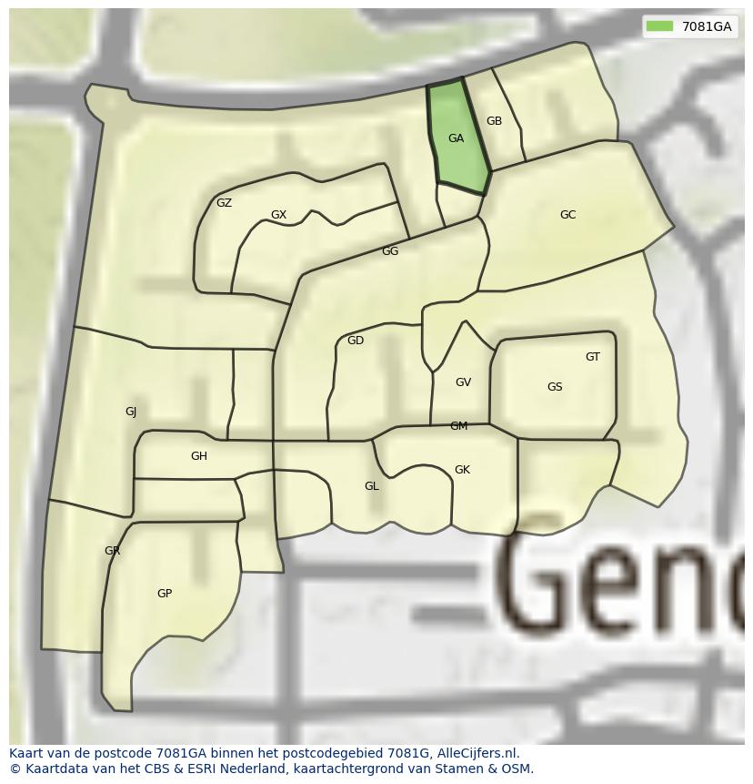 Afbeelding van het postcodegebied 7081 GA op de kaart.