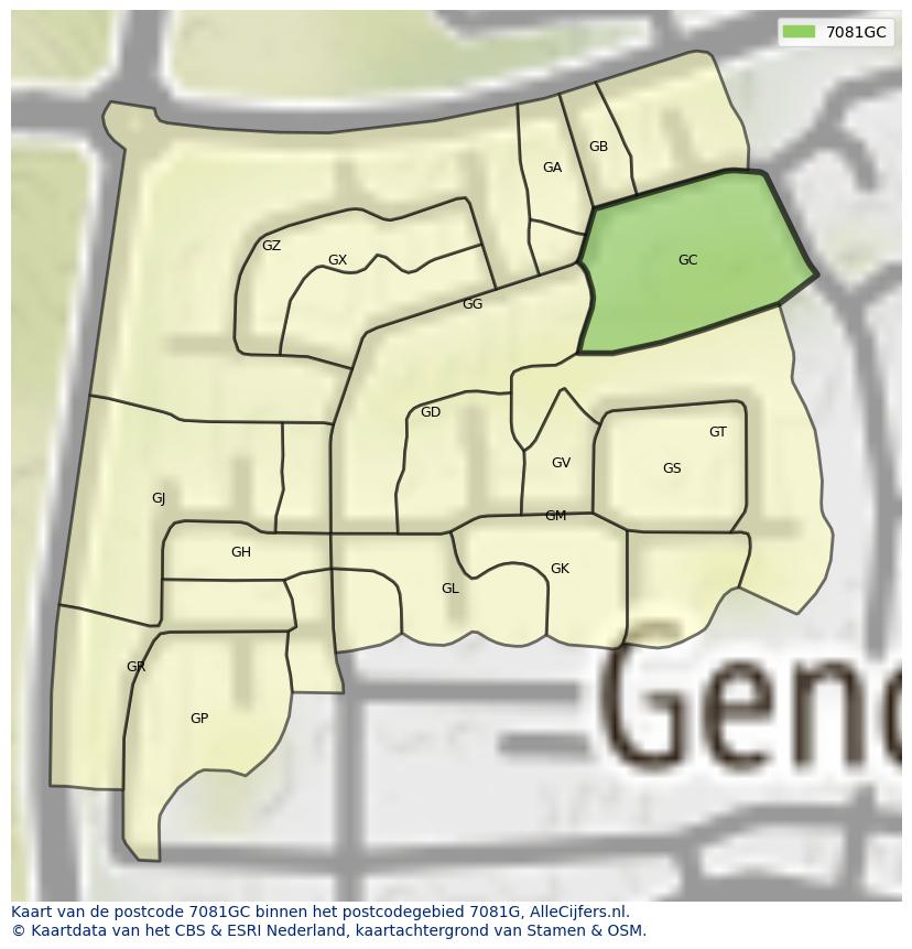 Afbeelding van het postcodegebied 7081 GC op de kaart.
