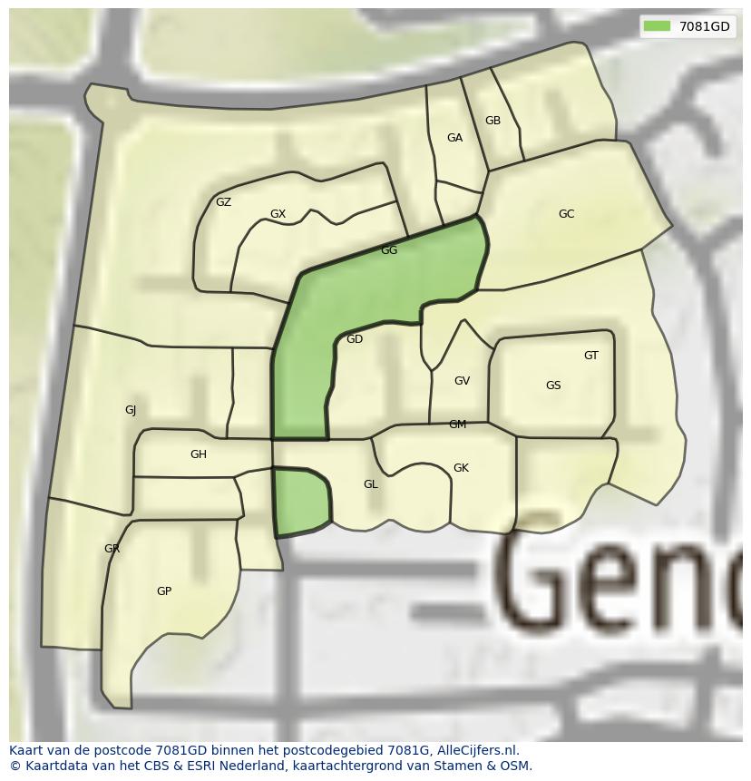 Afbeelding van het postcodegebied 7081 GD op de kaart.