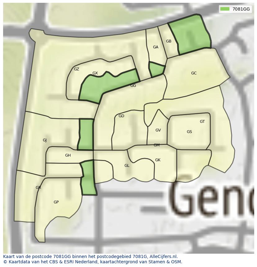 Afbeelding van het postcodegebied 7081 GG op de kaart.
